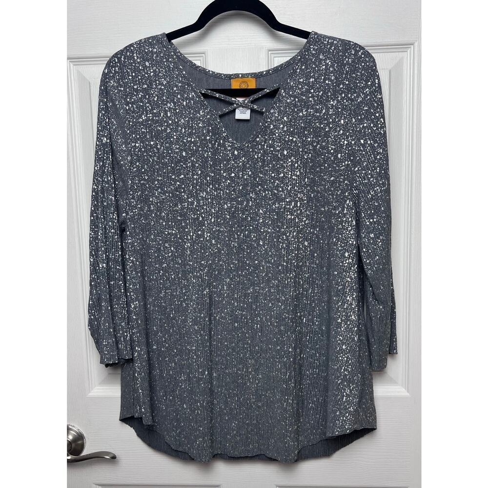 Ruby Rd. Women's Criss Cross V-Neck Metallic Shimmer Gray Silver Blouse Size L